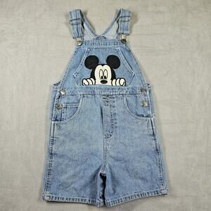 Vintage Mickey Mouse Overalls Kids Size 7 Disney Blue Denim Bib Shortalls Faded